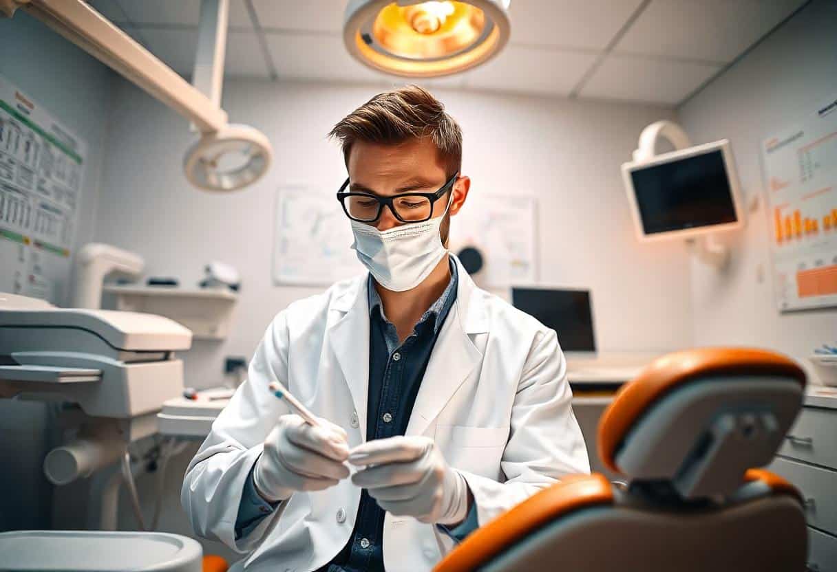 Dentista joven manipulando biomateriales dentales en su consulta